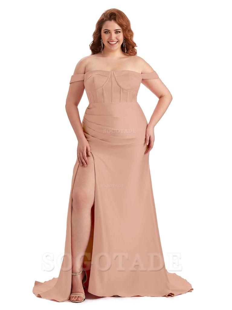 Elegant Off The Shoulder Side Slit Mermaid Soft Satin Floor Length Long Plus Size Bridesmaid Gowns
