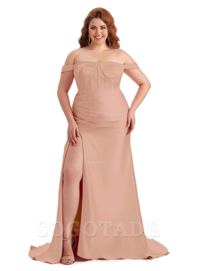 Elegant Off The Shoulder Side Slit Mermaid Soft Satin Floor Length Long Plus Size Bridesmaid Gowns