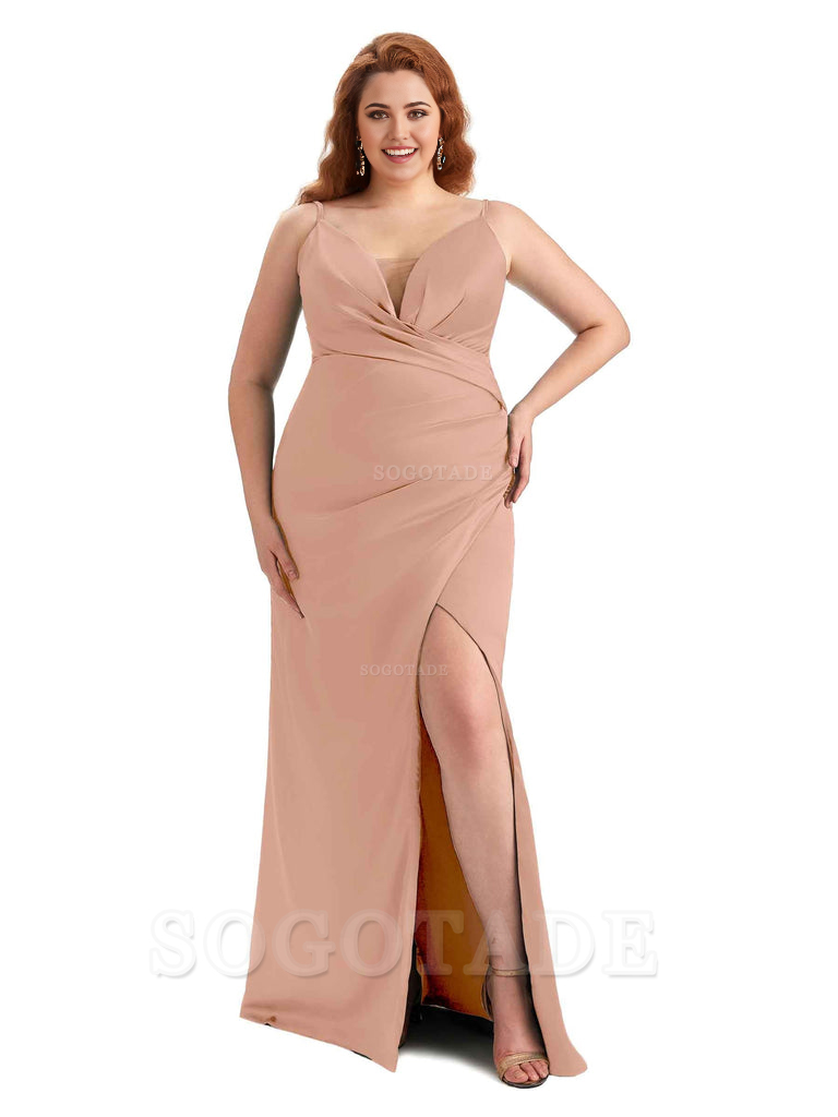 Sexy Side Slit Spaghetti Straps Sleeveless Mermaid V-neck Soft Satin Long Plus Size Bridesmaid Dress For Wedding