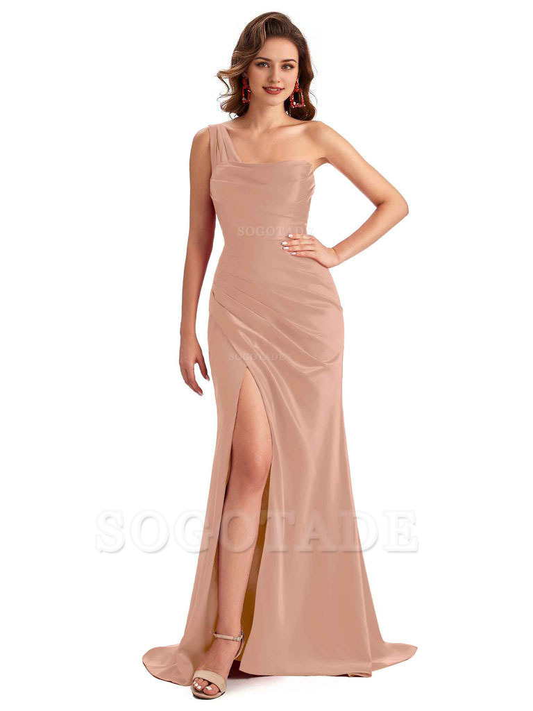 Sexy One Shoulder Side Slit Silky Satin Chic Long Mermaid Trumpet Bridesmaid Dress