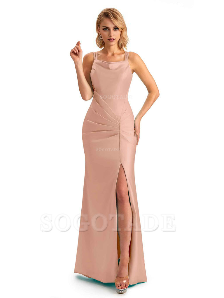Soft Satin Spaghetti Straps Side Slit Long Unique Mermaid Beautiful Dresses For Wedding