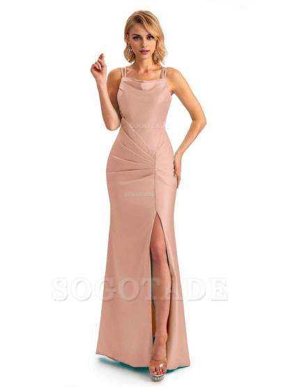 Soft Satin Spaghetti Straps Side Slit Long Unique Mermaid Beautiful Dresses For Wedding