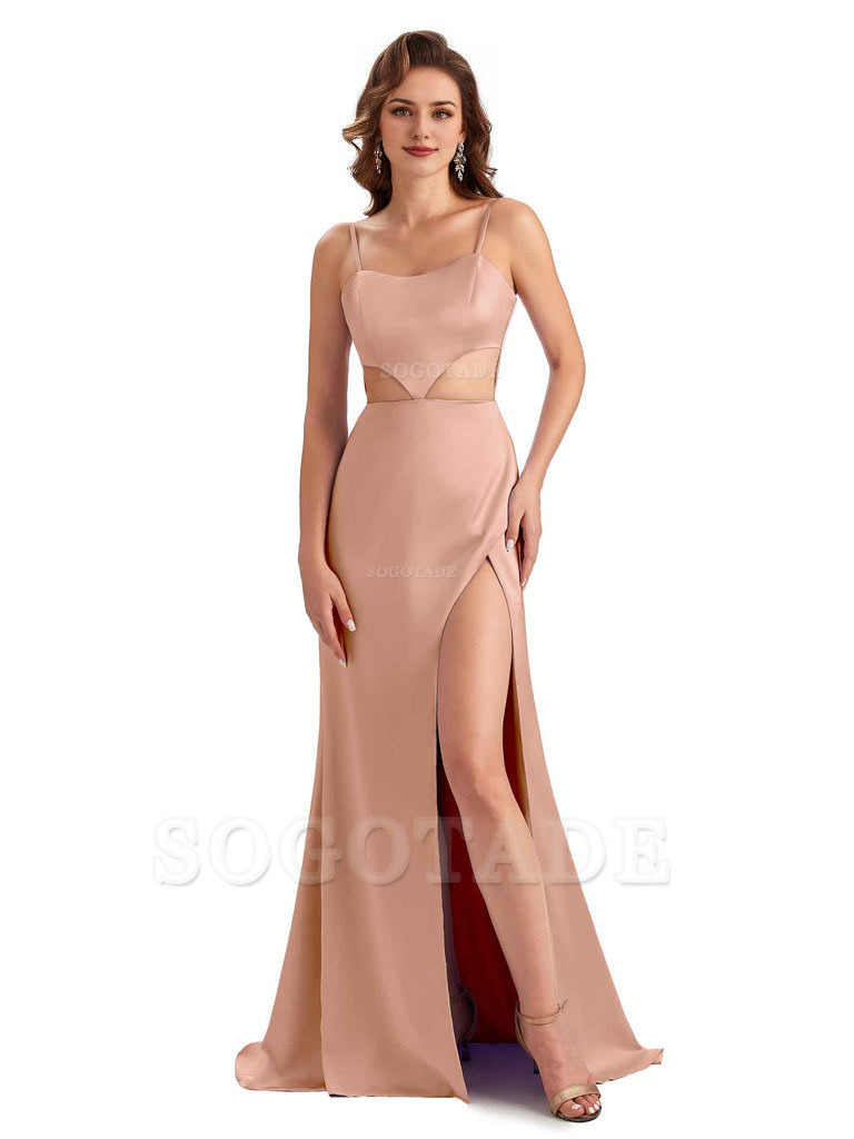 Sexy Satin Side Slit Spaghetti Straps Mermaid Long Unique Curve Wedding Guest Dresses