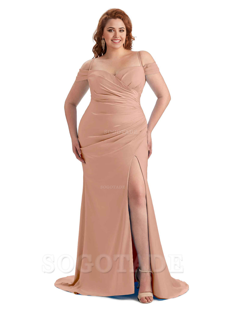 Sexy Side Slit Sleeveless Cold Shoulder Mermaid Soft Satin Long Plus Size Maid of Honor Dresses