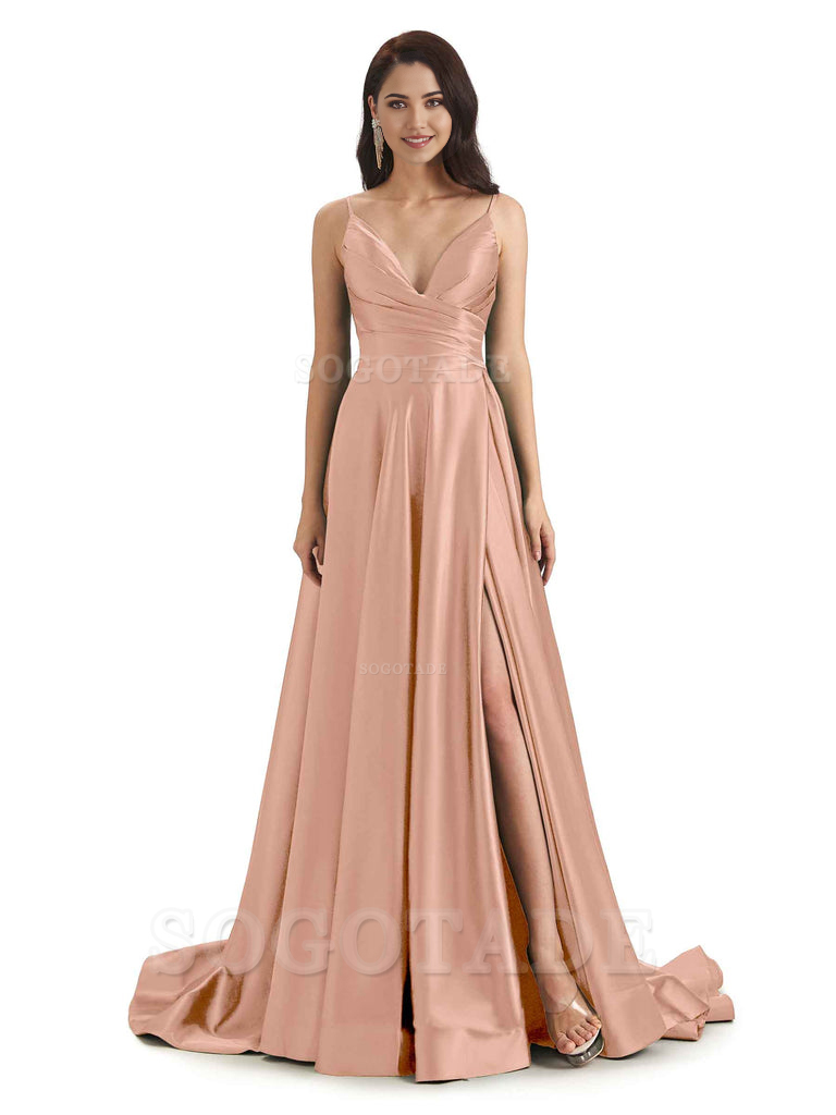 Spaghetti Straps Satin formal dresses evening gown Bridesmaid Dresses With Side Slit 