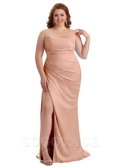 Sexy Side Slit Sleeveless Strapless Mermaid Soft Satin Long Plus Size Bridesmaid Dresses For Wedding