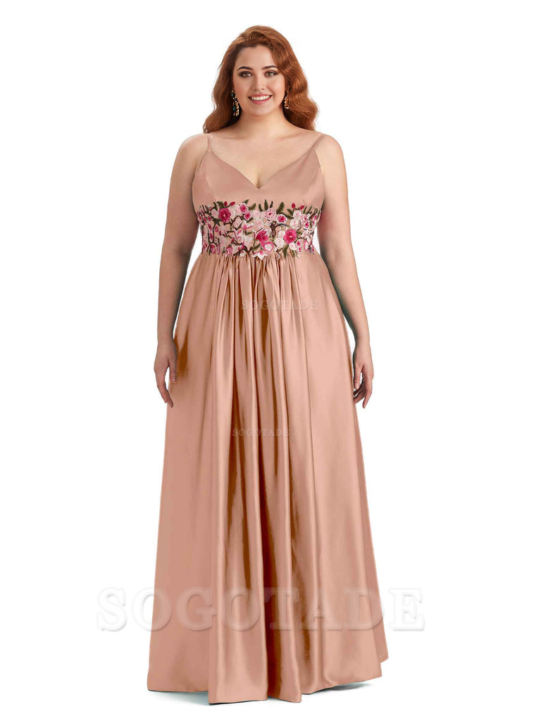 Unique Lace Spaghetti Straps Sleeveless Soft Satin Long Plus Size Bridesmaid Dress For Wedding
