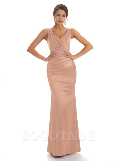 Sheath Sleeveless V-neck Floor-Length Satin formal dresses evening gown Bridesmaid Dresses With Pleats 