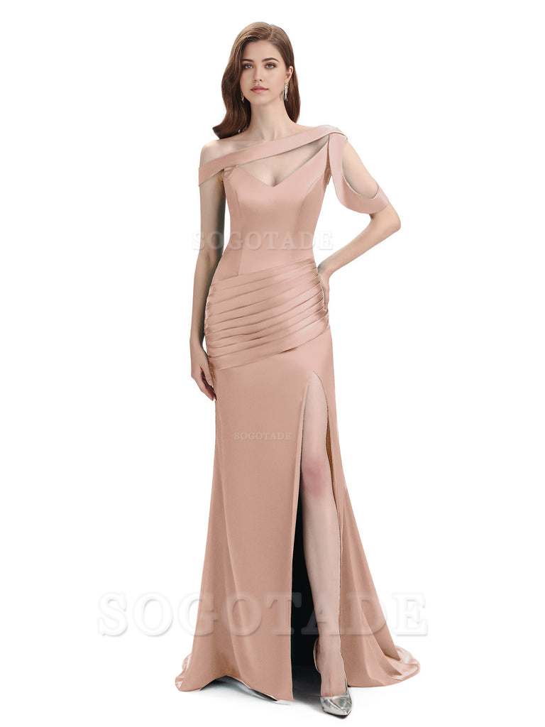 Mermaid V-Neck Satin Floor-Length formal dresses evening gown Bridesmaid Dresses With Side Slit 