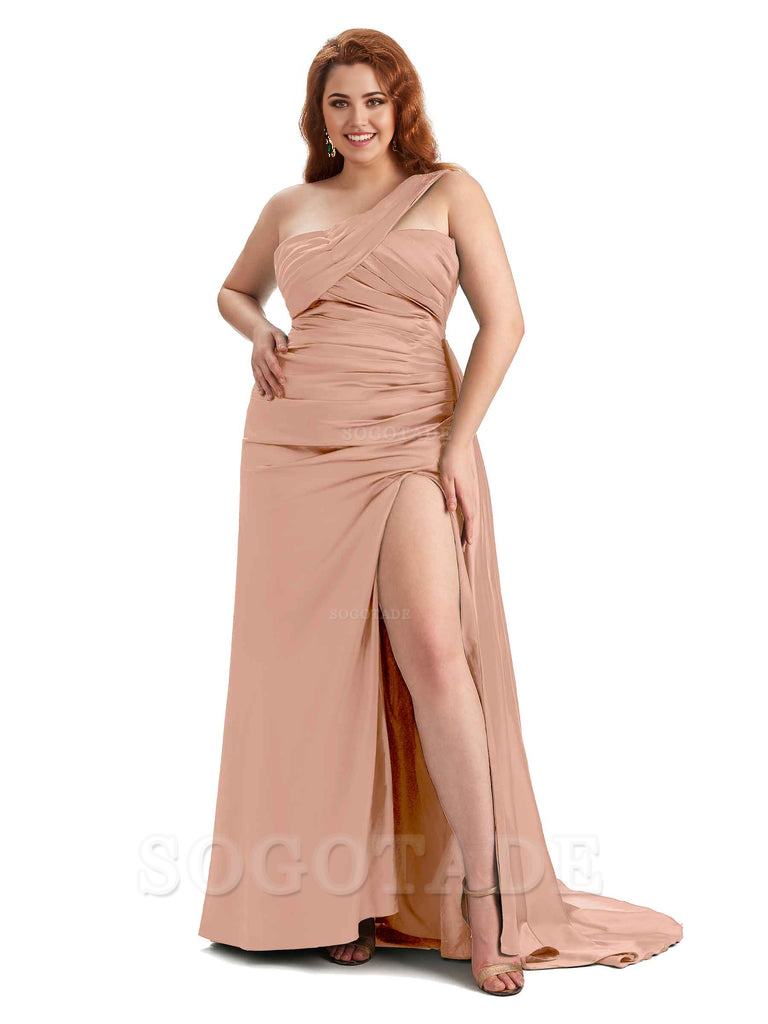  One Shoulder Sleeveless Sexy Side Hight Slit Mermaid Soft Satin Long Plus Size Bridesmaid Gowns