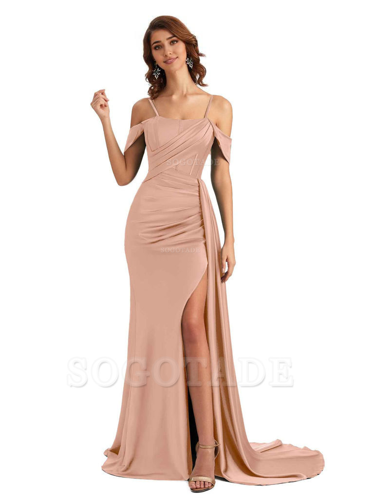 Sexy Side Slit Cold Shoulder Mermaid Satin Chic Long Wedding Guest Dresses