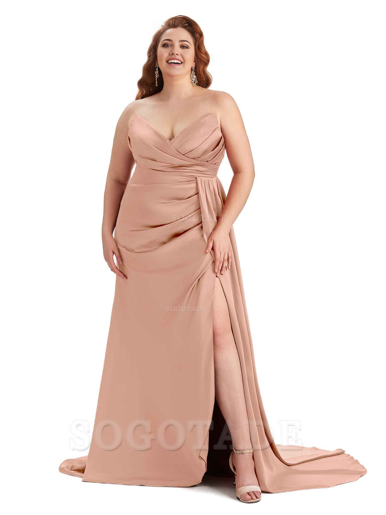 Sexy V-neck Side Slit Sleeveless Mermaid Soft Satin Long Plus Size Bridesmaid Gowns