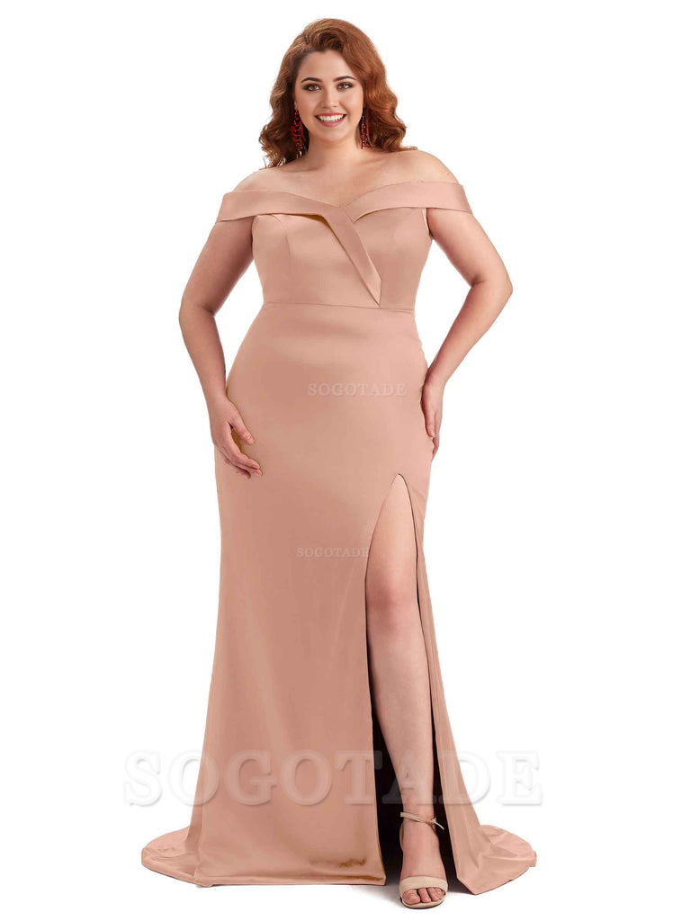 Elegant Off The Shoulder Sleeveless Side Slit Mermaid Soft Satin Long Plus Size Bridesmaid Gowns