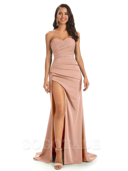 Mermaid Strapless Sweetheart Satin Long formal dresses evening gown Bridesmaid Dresses With Side Slit 