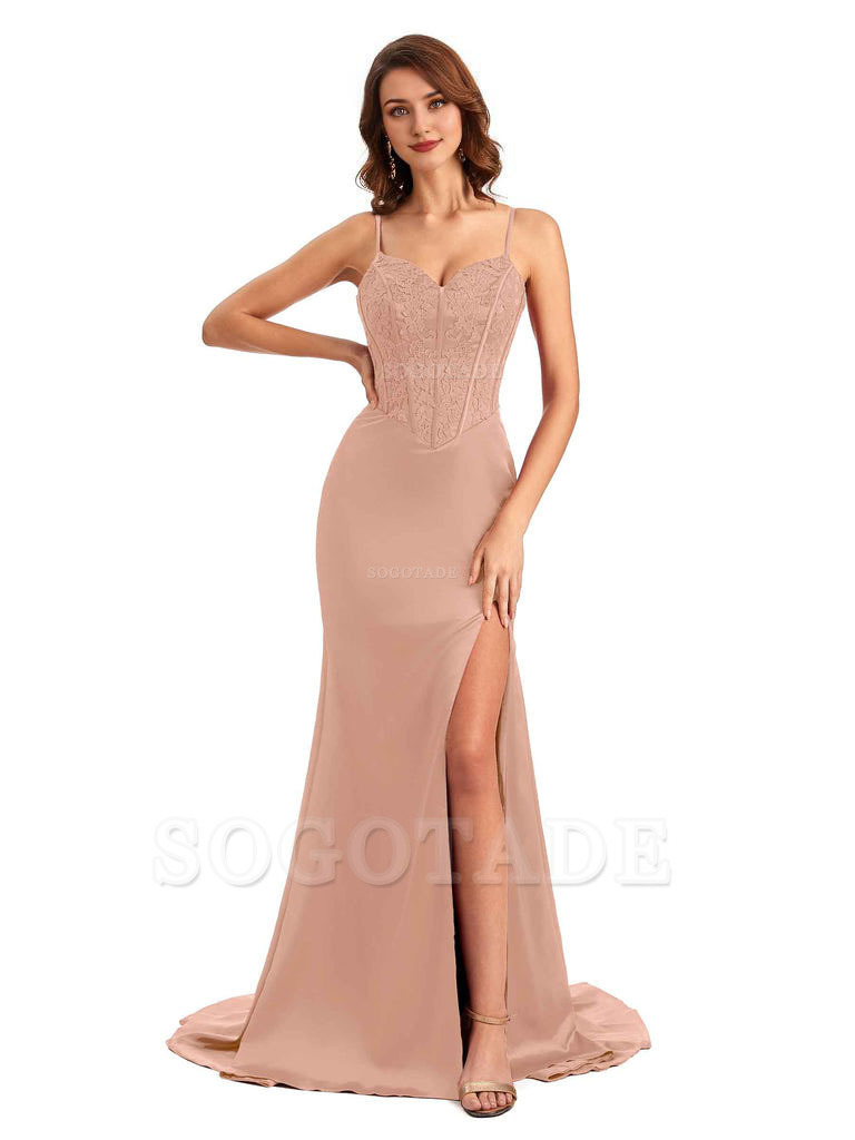 Sexy Side Slit Mermaid Silky Satin V-Neck Lace Unique Long Bridesmaid Dresses