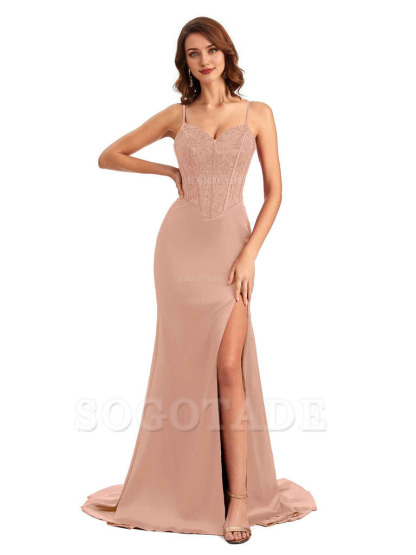 Sexy Side Slit Mermaid Silky Satin V-Neck Lace Unique Long Bridesmaid Dresses