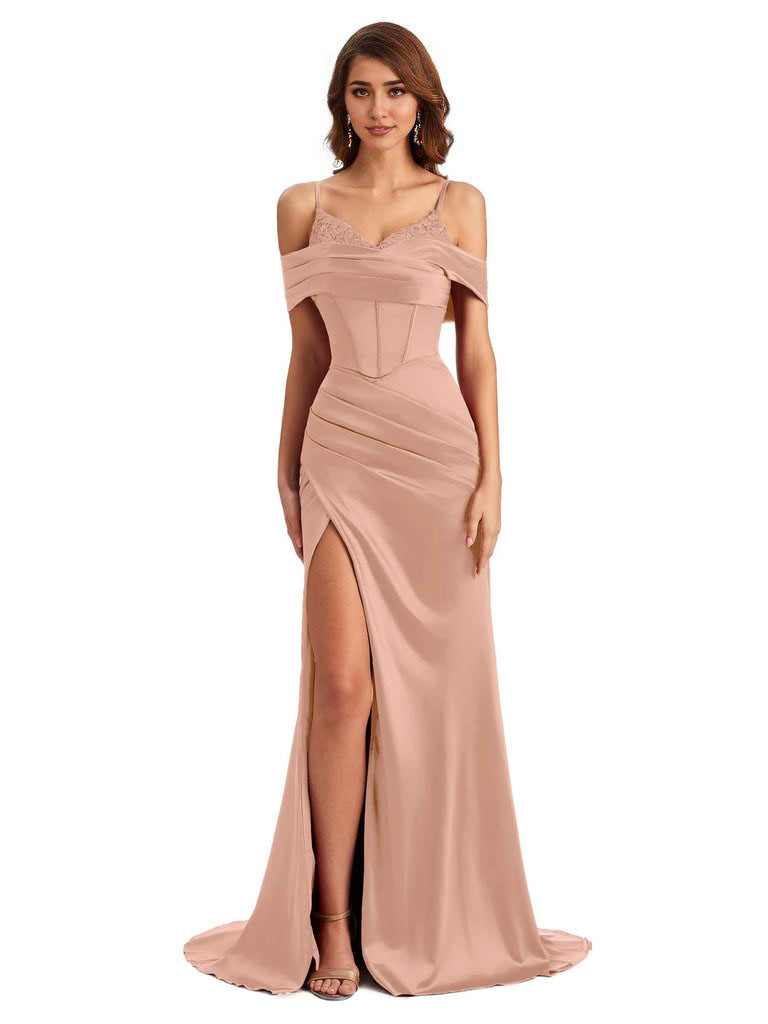  Sexy Side Slit Mermaid Silky Satin V-Neck Cold Shoulder Unique Nice Wedding Guest Dresses