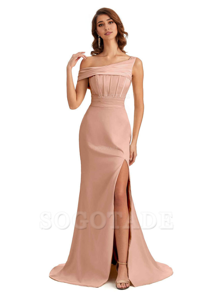 Elegant Asymmetrical Neck Soft Satin Side Slit Long Mermaid Bridesmaid Dresses