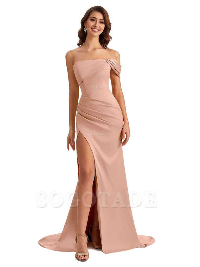 Unique One Shoulder Side Slit Satin Long Formal Dresses For Bridesmaid Dresses