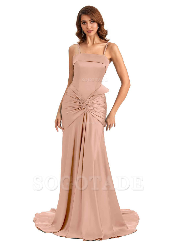 Sexy Mermaid Spaghetti Straps Silky Satin Unique Long Bridesmaid Dress For Wedding