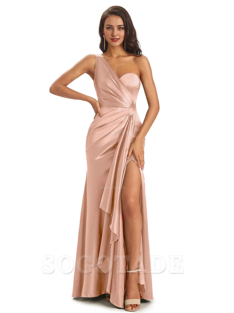 Elegant Soft Satin Side Slit One Shoulder Unique Mermaid Bridesmaid Dresses Online prom dresses shops