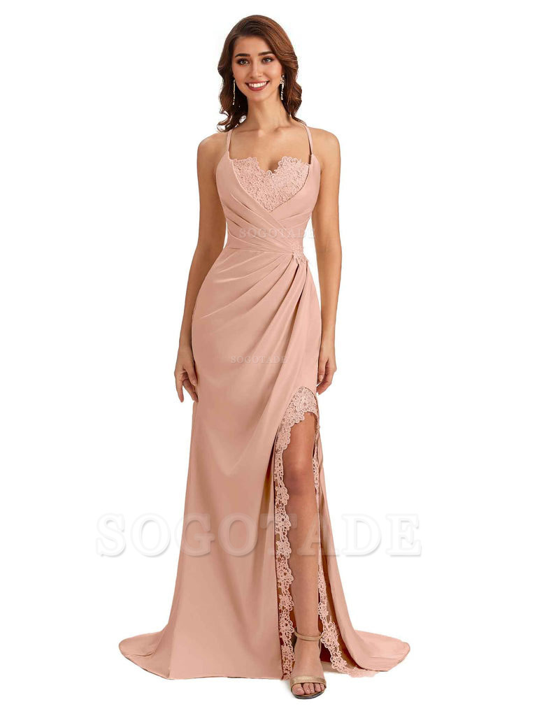 Sexy Side Slit Spaghetti Straps Lace Mermaid Silky Satin Wedding Guest Dresses