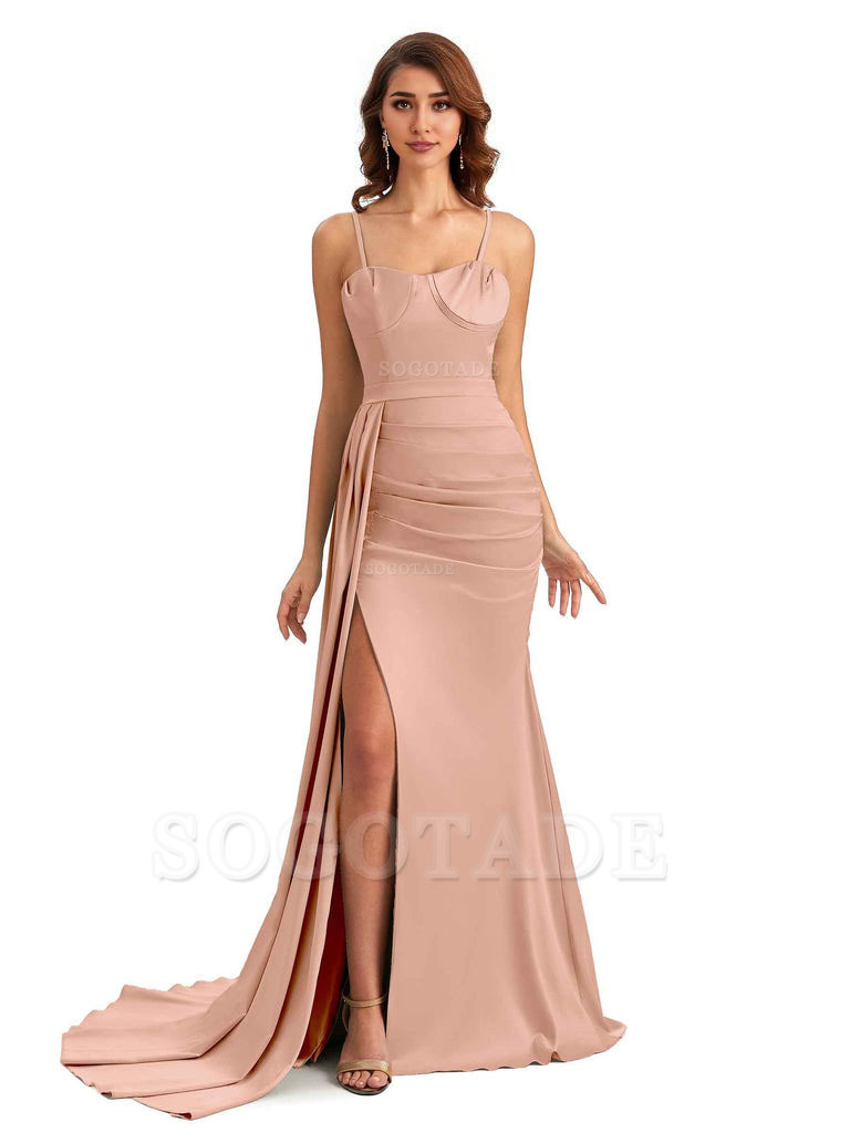 Sexy Spaghetti Straps Side Slit Mermaid Unique Long Bridesmaid Dresses In Satin