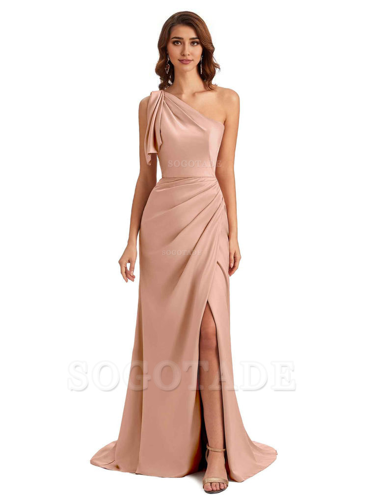 Sexy One Shoulder Mermaid Side Slit Unique Silky Satin Bridesmaid Dresses 