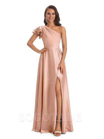 A-Line One Shoulder Ladies Long Bridesmaid Dresses Soft Satin Side Slit Elegant Evening Party Dress