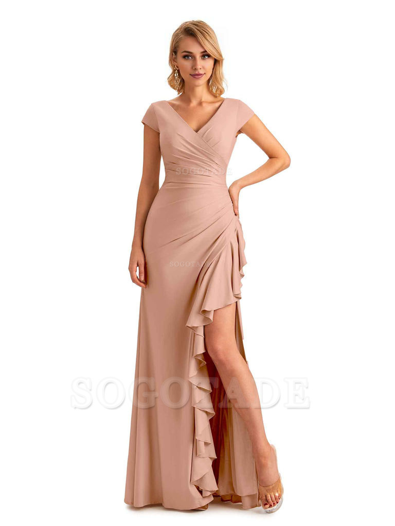 Sexy Side Slit Short Sleeves Mermaid Soft Satin Unique Long Maid Of Honor Dresses