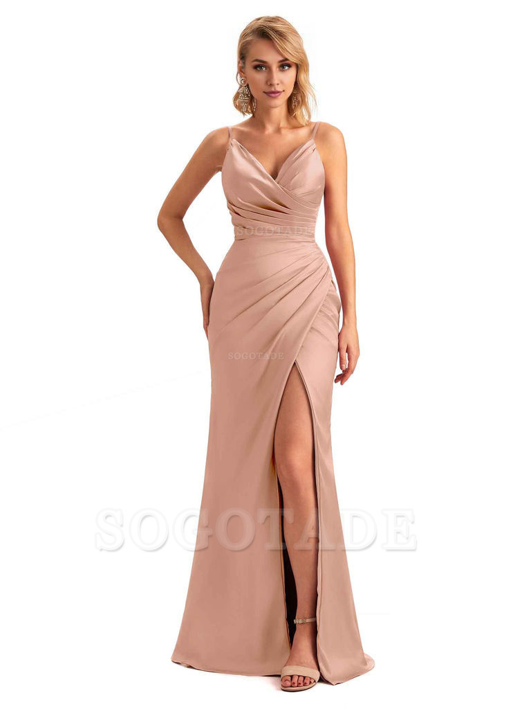 Sexy Side Slit V-Neck Mermaid Silky Satin Unique Long Formal Ladies Bridesmaid Dresses
