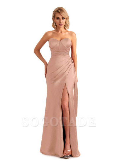 Sexy Side Slit Strapless Mermaid Soft Satin Unique Long Bridesmaid Dress For Wedding