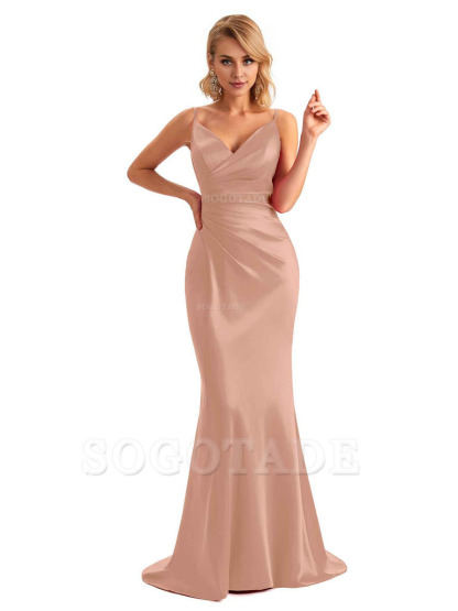  Sexy Backless Mermaid Spaghetti Straps Unique Long Formal Satin Dress For Women