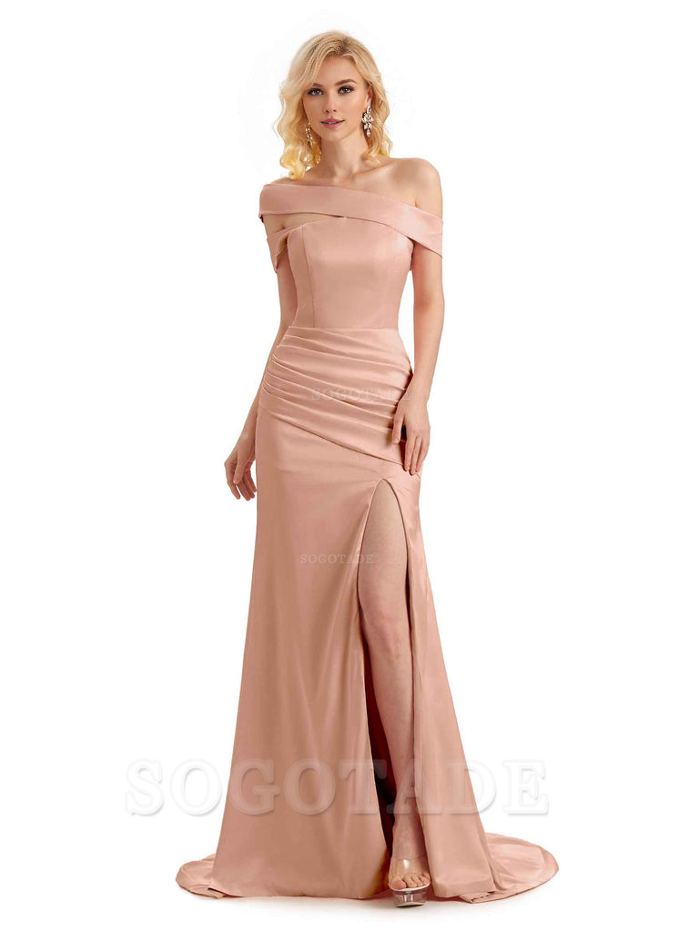 Elegant Asymmetrical Unique Soft Satin Side Slit Long Mermaid Bridesmaid Dresses Charming Evening Party Dress
