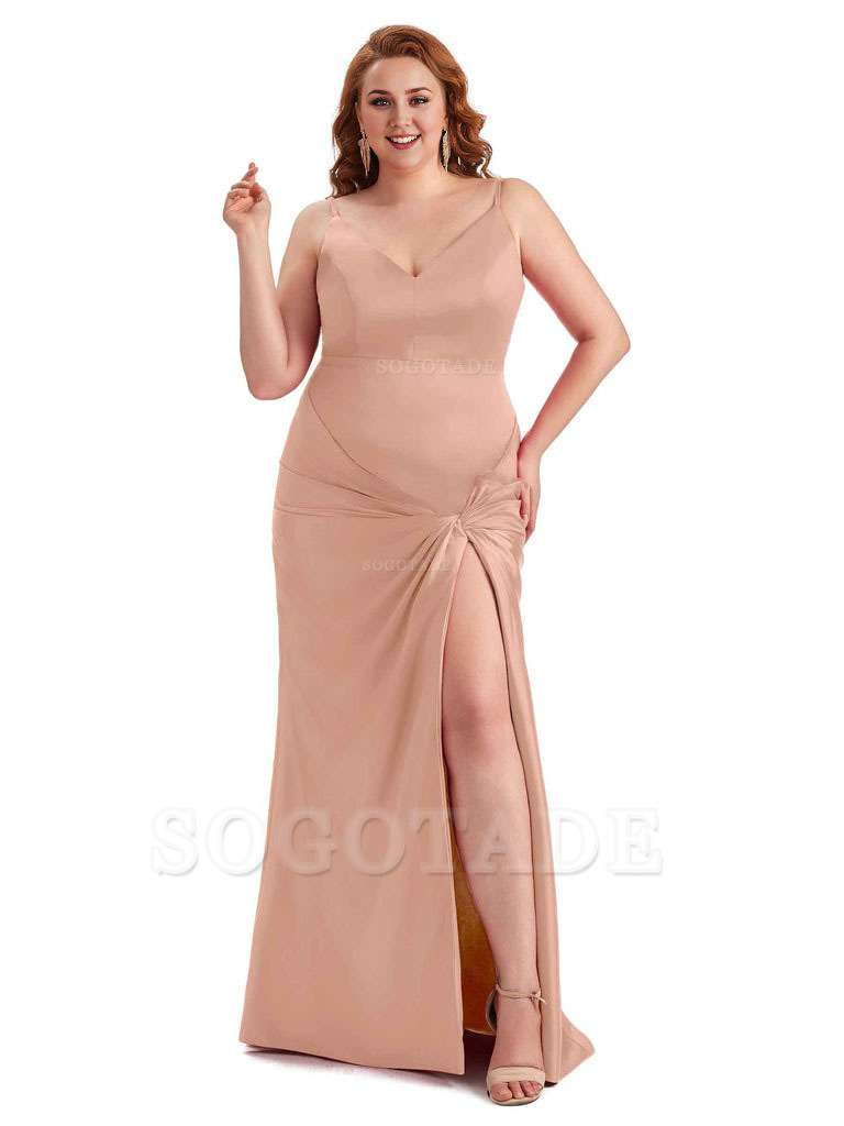 Sexy Spaghetti Straps V-neck Side Slit Mermaid Soft Satin Long Plus Size Bridesmaid Dress
