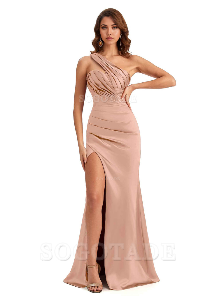 Sheath One shoulder Satin formal dresses evening gown Bridesmaid Dresses With Side Slit 