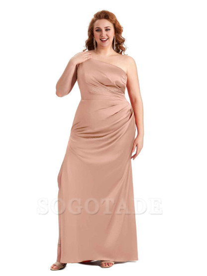 Sexy Side Slit One Shoulder Mermaid Soft Satin Long Plus Size Maid of Honour Dresses