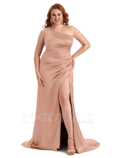 Sexy One Shoulder Side Slit Mermaid Soft Satin Long Plus Size Maid of Honor Dress For Wedding