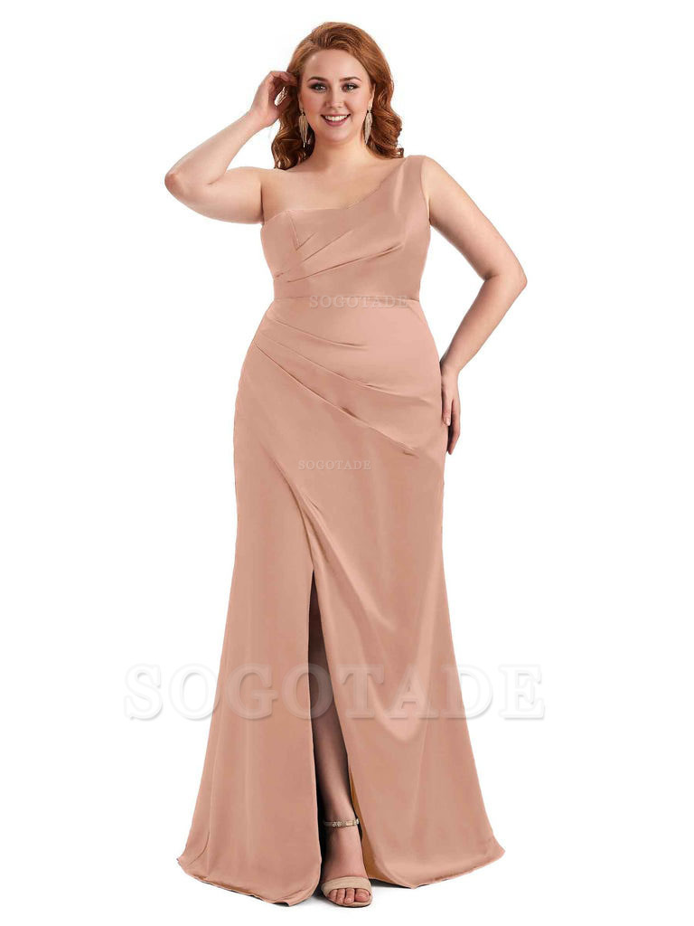 Sexy Side Slit One Shoulder Mermaid Long Plus Size Satin Maxi Dresses