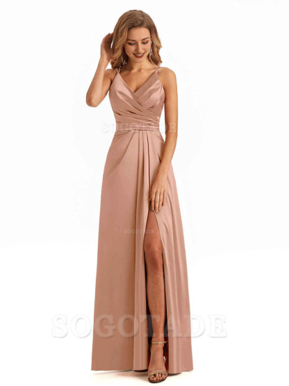 Soft Satin A-Line Spaghetti Straps V Neck Side Slit Maxi Long Bridesmaid Dresses