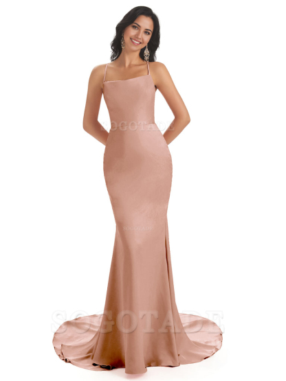 Mermaid Spaghetti Backless Straps Satin Long formal dresses evening gown Bridesmaid Dresses
