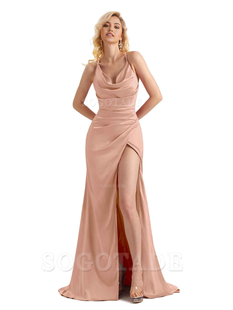 Sheath Cowl Neck Satin formal dresses evening gown Bridesmaid Dresses With Side Slit 