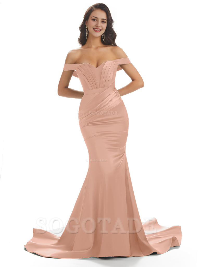 Sexy Mermaid Off The Shoulder Floor-Length Long Soft Satin Bridesmaid Dresses Online prom shop dresses