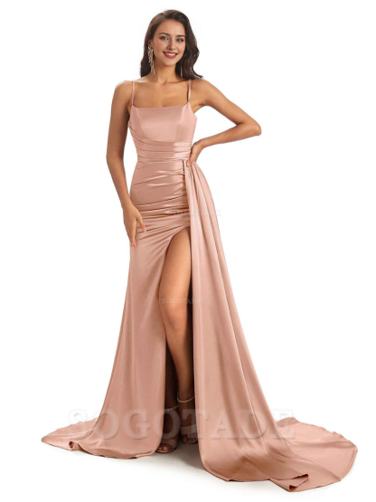 Sexy Soft Satin Side Slit Spaghetti Straps Long Mermaid Bridesmaid Dresses Online prom shop dresses ﻿