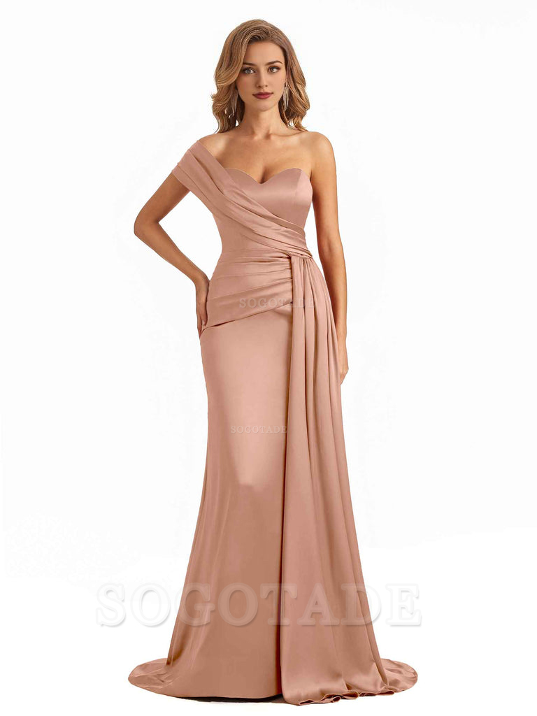 Elegant One Shoulder Soft Satin Long Mermaid Bridesmaid Dresses Online prom shop dresses ﻿