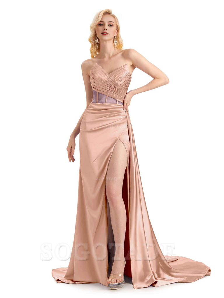 Sexy Soft Satin Side Slit See Through Floor-Length Long Mermaid Bridesmaid Dresses prom shop dresses