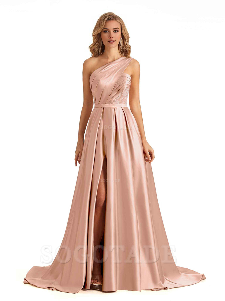 Sexy Side Slit One Shoulder A-Line Soft Satin Long Bridesmaid Dresses Online prom dress in store