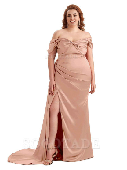  Sexy Side Slit Off The Shoulder Mermaid Soft Satin Long Plus Size Bridesmaid Dress For Wedding