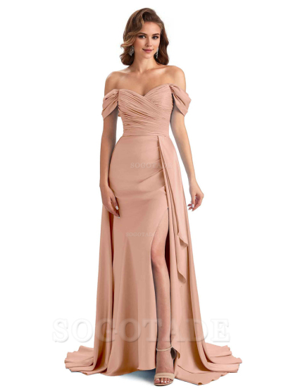 Sexy Side Slit Mermaid Soft Satin Off The Shoulder Long Unique Bridesmaid Dresses prom dress in store