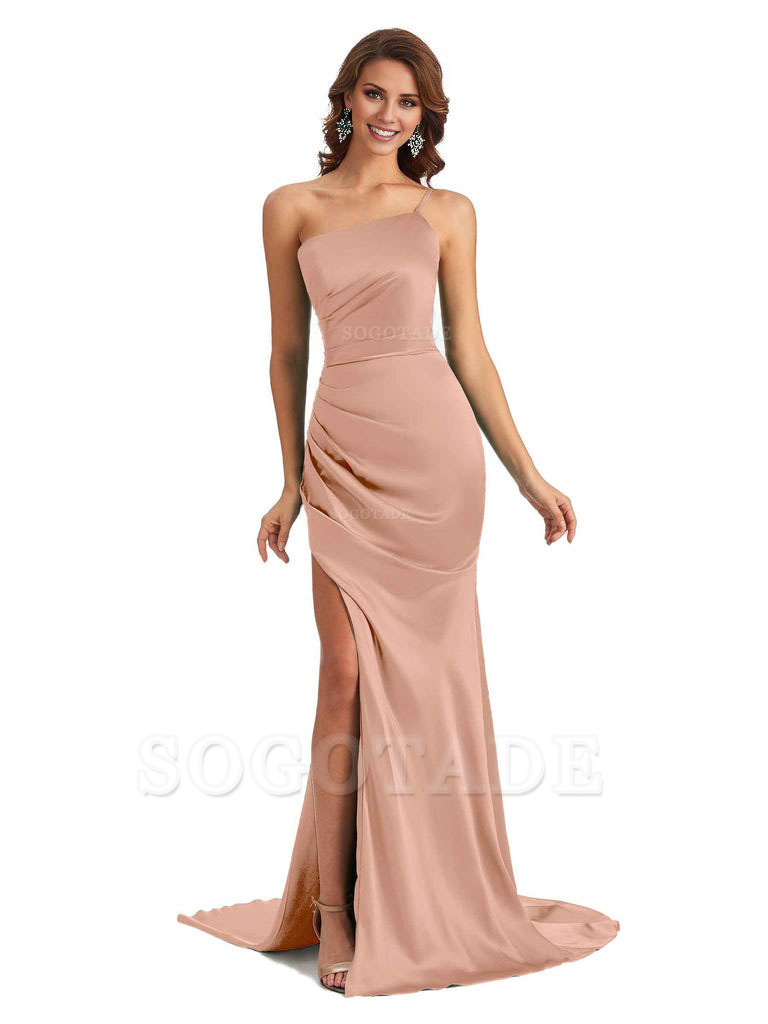 Sexy Silky Satin Side Slit One Shoulder Unique Long Wedding Guest Maxi Dresses